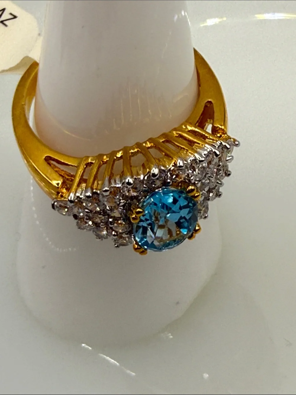 Vintage Blue Topaz Halo Cocktail Ring with Clear Accent CZ Stones plated piece